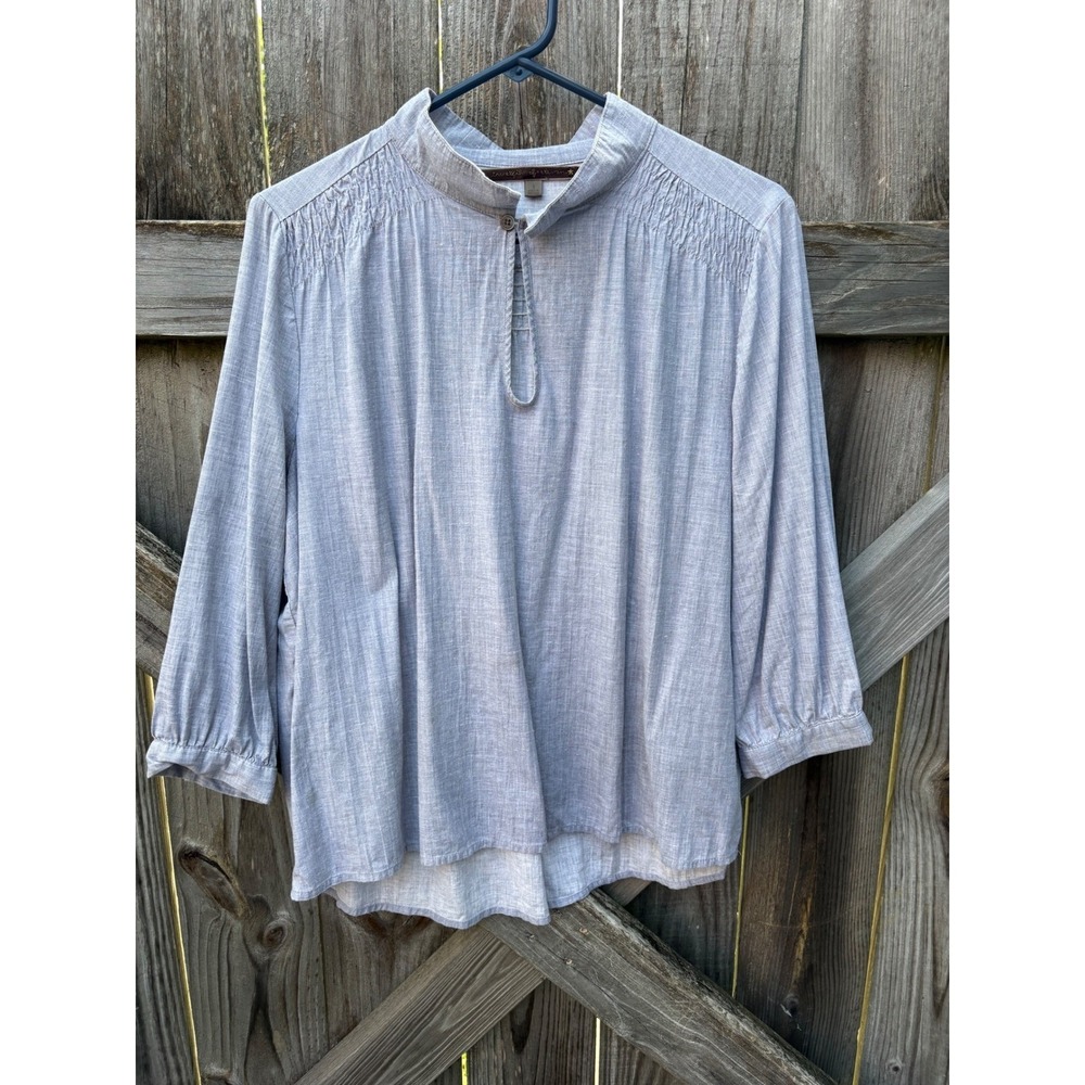 Twelfth of Eleven Blue Linen Blend Smocked Mock Neck Blouse‎ Top Small